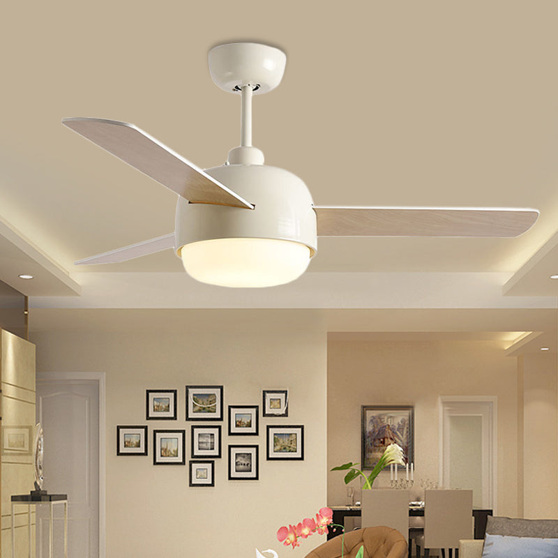 36" Wide LED Dome Semi Flush Lighting Modernist White/Black Finish Metal Ceiling Fan Lamp with 3 Wooden Blades Clearhalo 'Ceiling Fans with Lights' 'Ceiling Fans' 'Modern Ceiling Fans' 'Modern' Lighting' 400082
