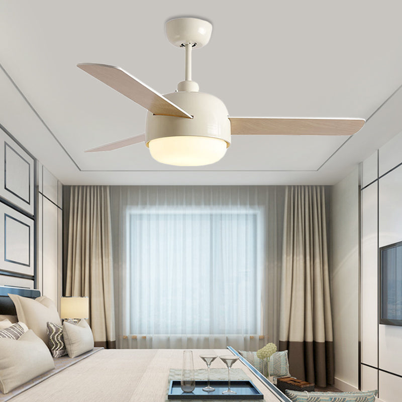 36" Wide LED Dome Semi Flush Lighting Modernist White/Black Finish Metal Ceiling Fan Lamp with 3 Wooden Blades Clearhalo 'Ceiling Fans with Lights' 'Ceiling Fans' 'Modern Ceiling Fans' 'Modern' Lighting' 400083