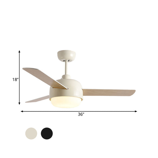 36" Wide LED Dome Semi Flush Lighting Modernist White/Black Finish Metal Ceiling Fan Lamp with 3 Wooden Blades Clearhalo 'Ceiling Fans with Lights' 'Ceiling Fans' 'Modern Ceiling Fans' 'Modern' Lighting' 400085