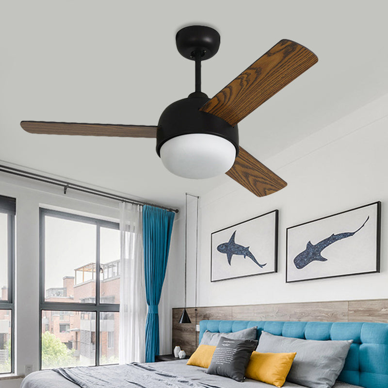 36" Wide LED Dome Semi Flush Lighting Modernist White/Black Finish Metal Ceiling Fan Lamp with 3 Wooden Blades Clearhalo 'Ceiling Fans with Lights' 'Ceiling Fans' 'Modern Ceiling Fans' 'Modern' Lighting' 400087