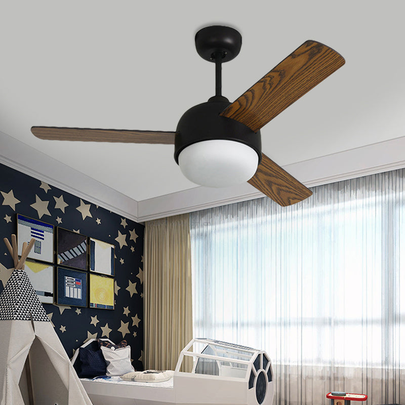36" Wide LED Dome Semi Flush Lighting Modernist White/Black Finish Metal Ceiling Fan Lamp with 3 Wooden Blades Clearhalo 'Ceiling Fans with Lights' 'Ceiling Fans' 'Modern Ceiling Fans' 'Modern' Lighting' 400088