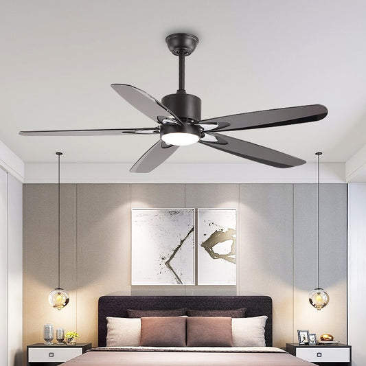 55.5" W LED Semi Flush Mount Contemporary Circle Metallic Hanging Ceiling Fan Lighting in Black for Bedroom, 5 Blades Clearhalo 'Ceiling Fans with Lights' 'Ceiling Fans' 'Modern Ceiling Fans' 'Modern' Lighting' 400141