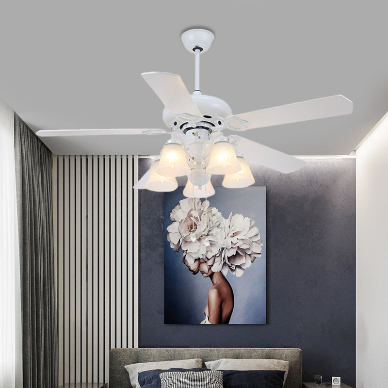 White 5 Lights Hanging Fan Lighting Modernist Opal Glass Bell Shade Semi Flush Lamp with 5 Blades for Living Room, 48" W White Clearhalo 'Ceiling Fans with Lights' 'Ceiling Fans' 'Modern Ceiling Fans' 'Modern' Lighting' 400180