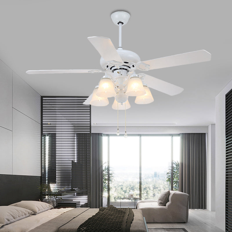 White 5 Lights Hanging Fan Lighting Modernist Opal Glass Bell Shade Semi Flush Lamp with 5 Blades for Living Room, 48" W Clearhalo 'Ceiling Fans with Lights' 'Ceiling Fans' 'Modern Ceiling Fans' 'Modern' Lighting' 400182