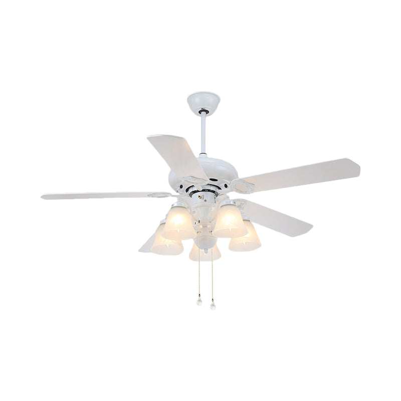 White 5 Lights Hanging Fan Lighting Modernist Opal Glass Bell Shade Semi Flush Lamp with 5 Blades for Living Room, 48" W Clearhalo 'Ceiling Fans with Lights' 'Ceiling Fans' 'Modern Ceiling Fans' 'Modern' Lighting' 400183
