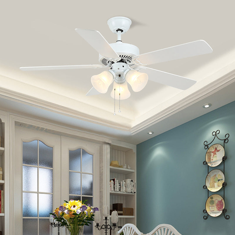 Modern Bell Semi Flush Light Fixture 3 Bulbs 52" Wide Cream Glass 5 Blades Pendant Fan Lamp in White White Clearhalo 'Ceiling Fans with Lights' 'Ceiling Fans' 'Modern Ceiling Fans' 'Modern' Lighting' 400190