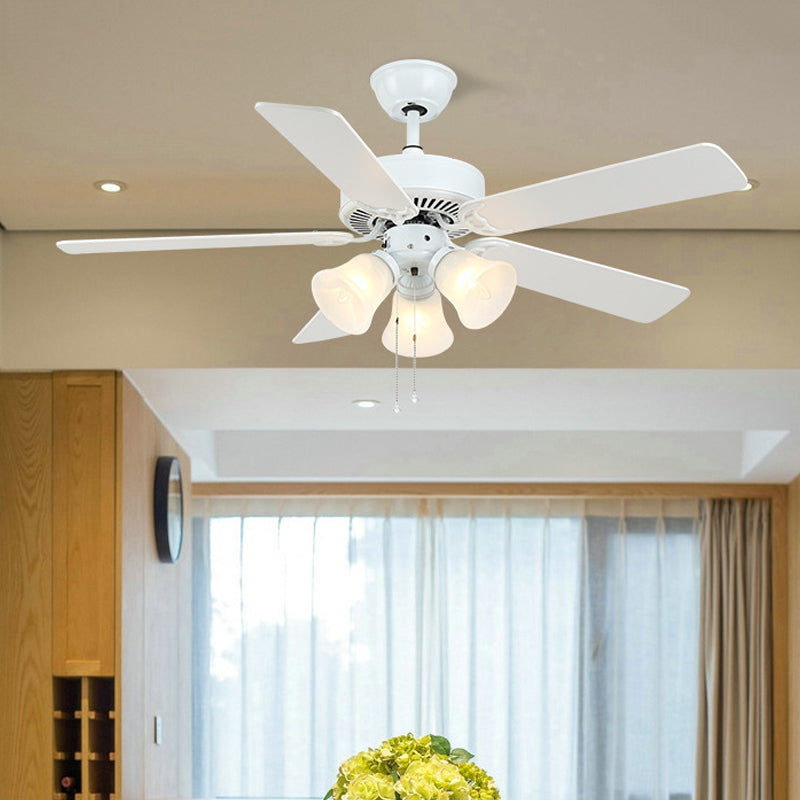 Modern Bell Semi Flush Light Fixture 3 Bulbs 52" Wide Cream Glass 5 Blades Pendant Fan Lamp in White Clearhalo 'Ceiling Fans with Lights' 'Ceiling Fans' 'Modern Ceiling Fans' 'Modern' Lighting' 400191