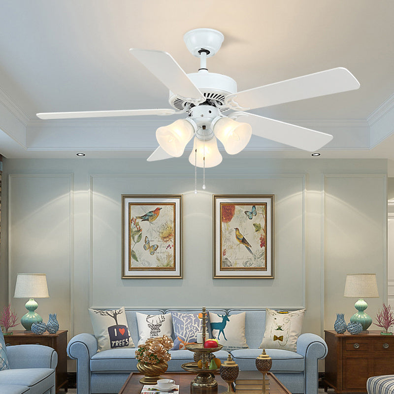 Modern Bell Semi Flush Light Fixture 3 Bulbs 52" Wide Cream Glass 5 Blades Pendant Fan Lamp in White Clearhalo 'Ceiling Fans with Lights' 'Ceiling Fans' 'Modern Ceiling Fans' 'Modern' Lighting' 400192