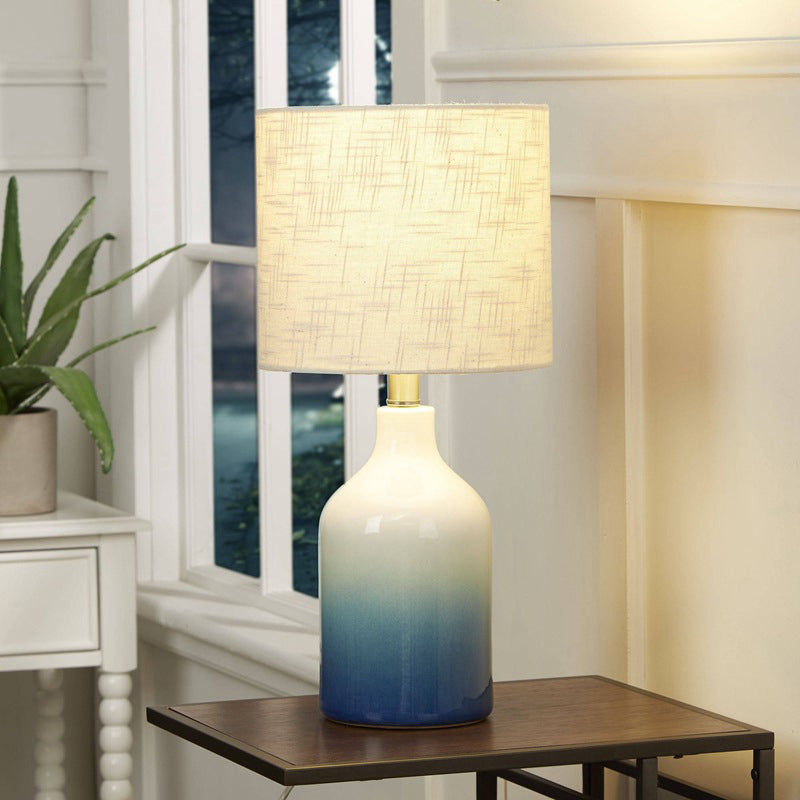 Urn Task Light Modern Ceramic 1 Head Blue Table Lamp with Drum White Fabric Shade Clearhalo 'Lamps' 'Table Lamps' Lighting' 400246