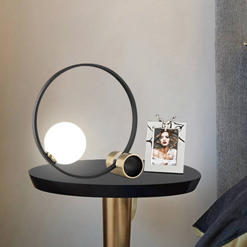 1 Bulb Circle Desk Light Modern Metal Nightstand Lamp in Black with Milk Glass Shade Black Clearhalo 'Lamps' 'Table Lamps' Lighting' 400306