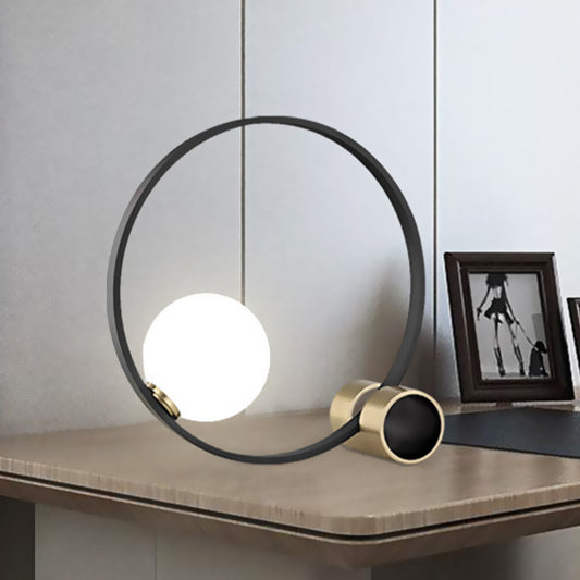 1 Bulb Circle Desk Light Modern Metal Nightstand Lamp in Black with Milk Glass Shade Clearhalo 'Lamps' 'Table Lamps' Lighting' 400307