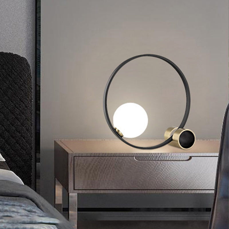 1 Bulb Circle Desk Light Modern Metal Nightstand Lamp in Black with Milk Glass Shade Clearhalo 'Lamps' 'Table Lamps' Lighting' 400308