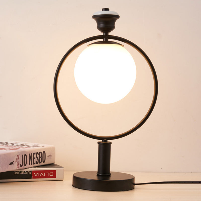 1 Head Bedside Desk Light Modern Black Night Table Lamp with Global Milky Glass Shade Clearhalo 'Lamps' 'Table Lamps' Lighting' 400317