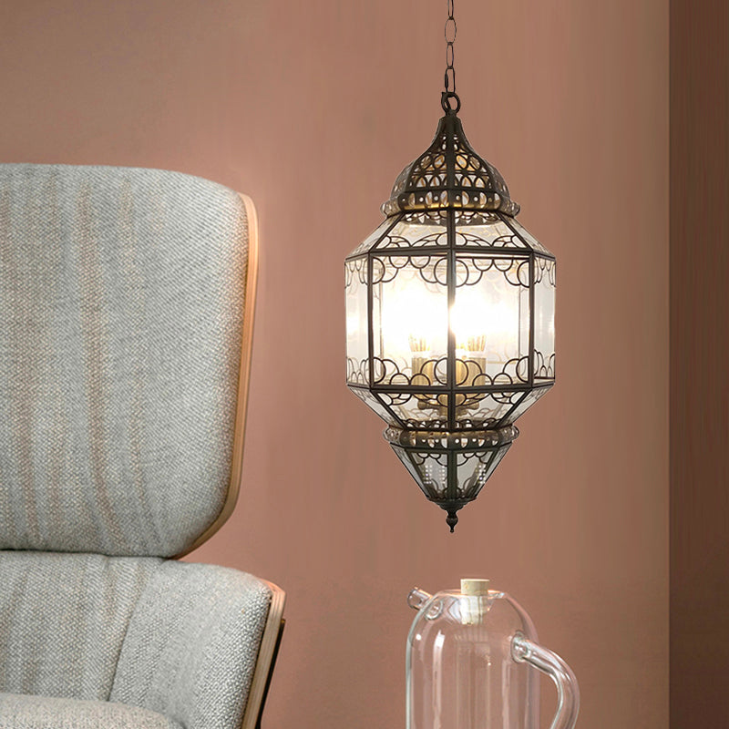 3-Head Pendant Lighting Antiqued Arab Balcony Hanging Chandelier with Lantern Clear Glass Shade in Bronze Clearhalo 'Ceiling Lights' 'Chandeliers' Lighting' options 400322