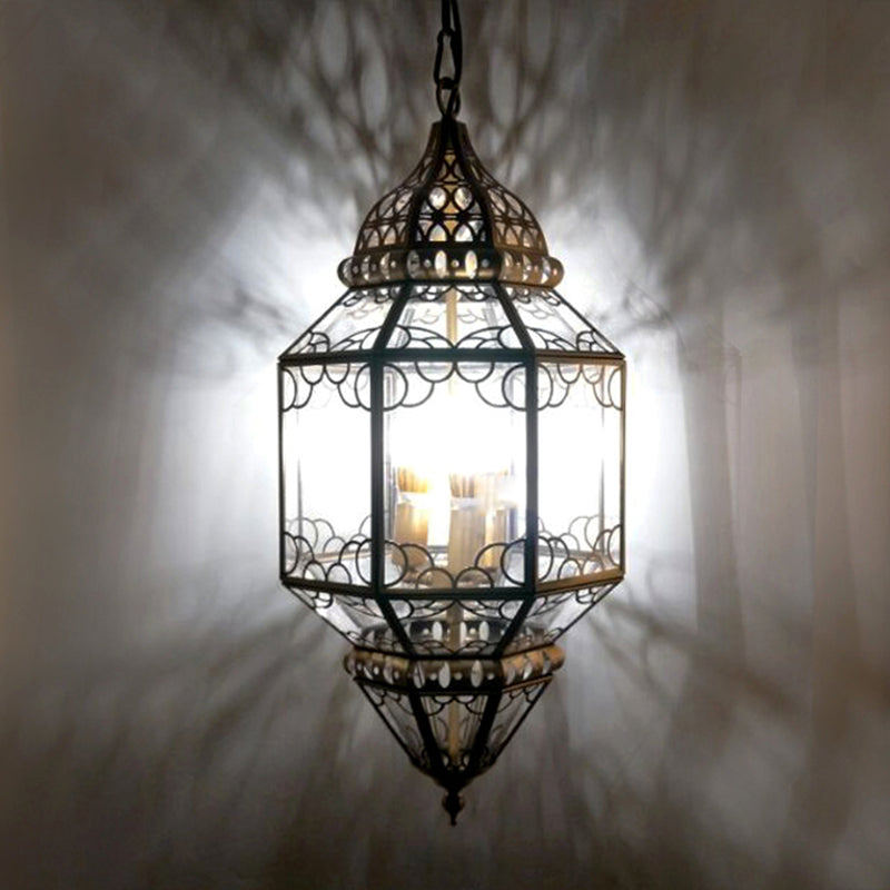 3-Head Pendant Lighting Antiqued Arab Balcony Hanging Chandelier with Lantern Clear Glass Shade in Bronze Clearhalo 'Ceiling Lights' 'Chandeliers' Lighting' options 400324