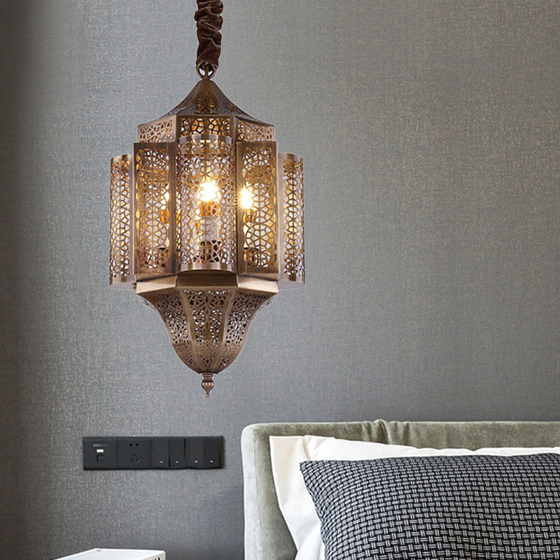 Brass Lantern Suspension Lamp Arab Metal 3-Bulb Restaurant Chandelier Pendant Light Clearhalo 'Ceiling Lights' 'Chandeliers' Lighting' options 400332