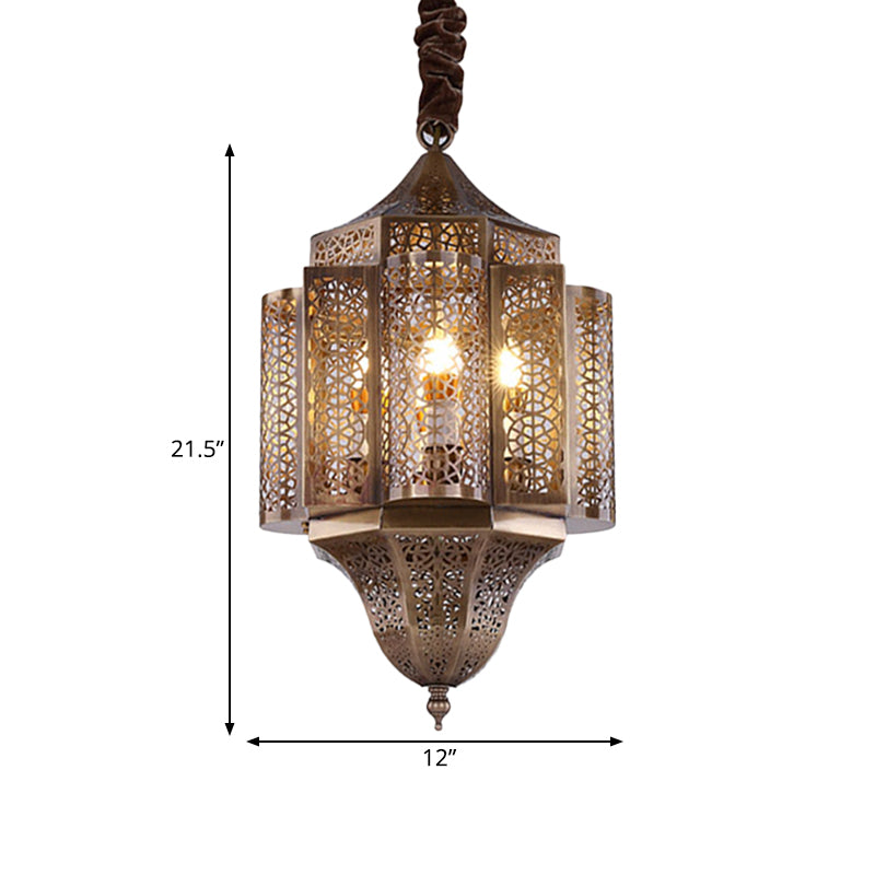 Brass Lantern Suspension Lamp Arab Metal 3-Bulb Restaurant Chandelier Pendant Light Clearhalo 'Ceiling Lights' 'Chandeliers' Lighting' options 400335