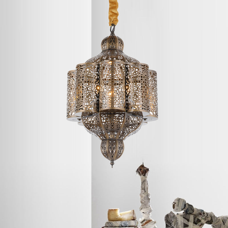 3 Lights Metal Hanging Chandelier Vintage Brass Castle Shape Living Room Suspension Lamp with Hollowed Out Design Clearhalo 'Ceiling Lights' 'Chandeliers' Lighting' options 400355