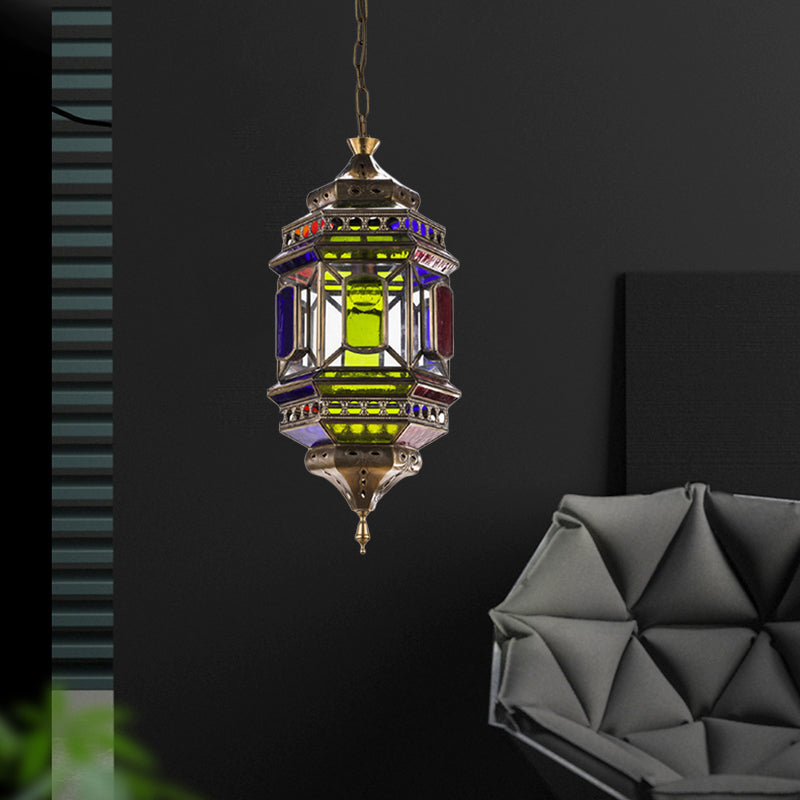 3-Bulb Hanging Lighting Art Deco Castle Shape Colorful Glass Chandelier Pendant Lamp in Brass Clearhalo 'Ceiling Lights' 'Chandeliers' Lighting' options 400377