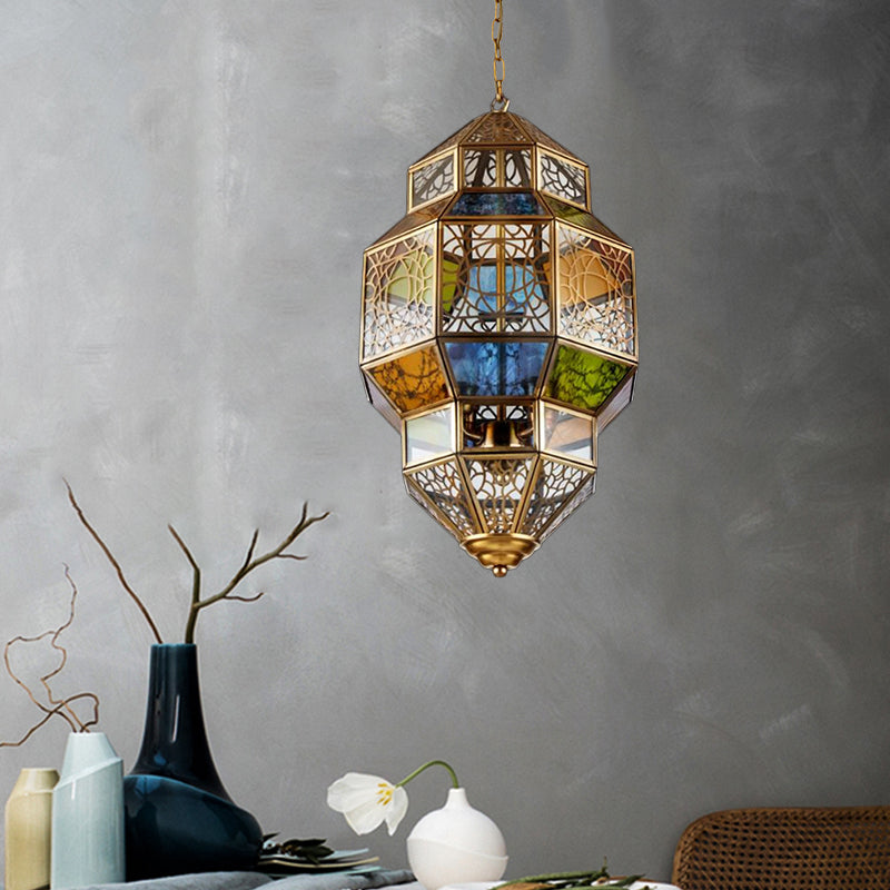 3-Head Gourd Chandelier Lighting Arab Brass Finish Metallic Hanging Ceiling Lamp with Colorful Glass Shade Clearhalo 'Ceiling Lights' 'Chandeliers' Lighting' options 400482