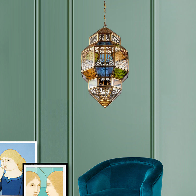 3-Head Gourd Chandelier Lighting Arab Brass Finish Metallic Hanging Ceiling Lamp with Colorful Glass Shade Clearhalo 'Ceiling Lights' 'Chandeliers' Lighting' options 400483