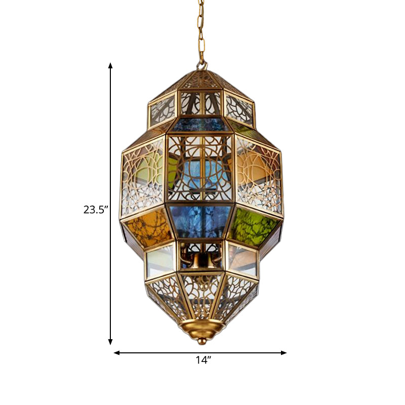 3-Head Gourd Chandelier Lighting Arab Brass Finish Metallic Hanging Ceiling Lamp with Colorful Glass Shade Clearhalo 'Ceiling Lights' 'Chandeliers' Lighting' options 400485