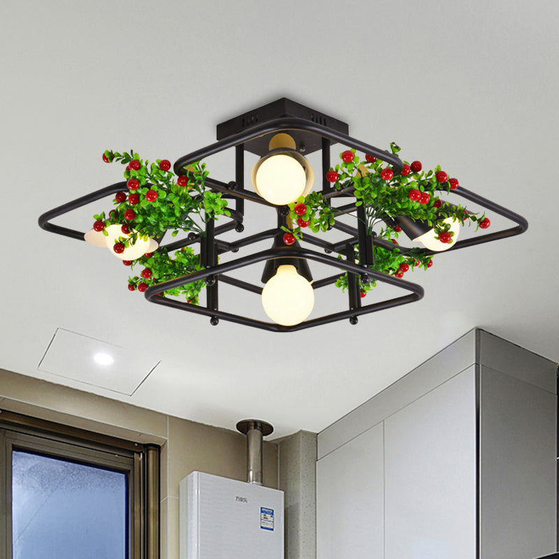 5/8 Lights Square/Rectangle Ceiling Lighting Industrial Black Metal Plant Semi Flush Mount for Living Room 5 Black Clearhalo 'Ceiling Lights' 'Close To Ceiling Lights' 'Close to ceiling' 'Semi-flushmount' Lighting' 400617