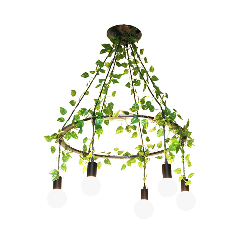 Bare Bulb Restaurant Cluster Pendant Industrial Metal 6 Bulbs Black Ceiling Lamp with Plant Decor Clearhalo 'Art Deco Pendants' 'Black' 'Cast Iron' 'Ceiling Lights' 'Ceramic' 'Crystal' 'Industrial Pendants' 'Industrial' 'Metal' 'Middle Century Pendants' 'Pendant Lights' 'Pendants' 'Rustic Pendants' 'Tiffany' Lighting' 400623