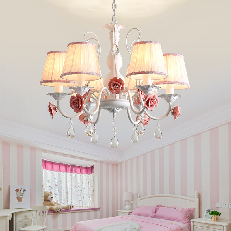 Pink/Blue 6 Heads Chandelier Lighting Korean Garden Metal Tapered Hanging Light Fixture with Fabric Shade Clearhalo 'Ceiling Lights' 'Chandeliers' Lighting' options 400710
