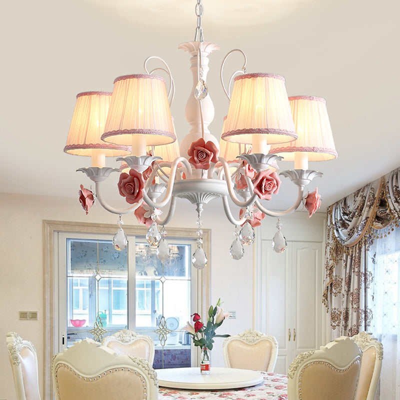 Pink/Blue 6 Heads Chandelier Lighting Korean Garden Metal Tapered Hanging Light Fixture with Fabric Shade Clearhalo 'Ceiling Lights' 'Chandeliers' Lighting' options 400711