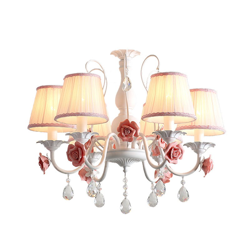 Pink/Blue 6 Heads Chandelier Lighting Korean Garden Metal Tapered Hanging Light Fixture with Fabric Shade Clearhalo 'Ceiling Lights' 'Chandeliers' Lighting' options 400712