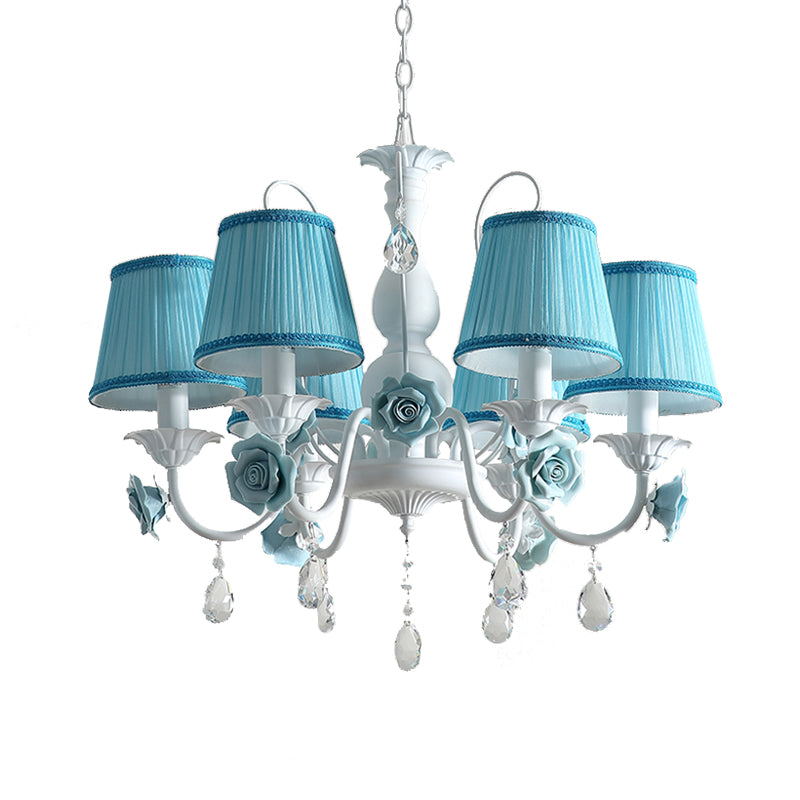 Pink/Blue 6 Heads Chandelier Lighting Korean Garden Metal Tapered Hanging Light Fixture with Fabric Shade Clearhalo 'Ceiling Lights' 'Chandeliers' Lighting' options 400716