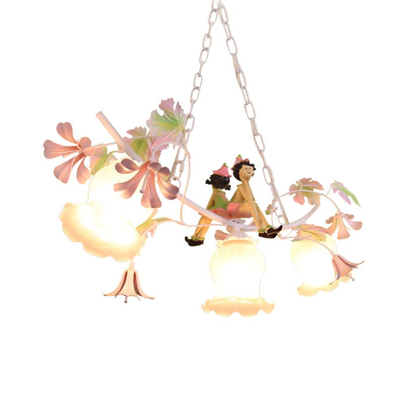 3 Bulbs Flower Chandelier Light Pastoral White Metal Pendant Lighting with Doll Decoration Clearhalo 'Ceiling Lights' 'Chandeliers' Lighting' options 400724