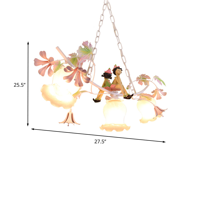 3 Bulbs Flower Chandelier Light Pastoral White Metal Pendant Lighting with Doll Decoration Clearhalo 'Ceiling Lights' 'Chandeliers' Lighting' options 400726