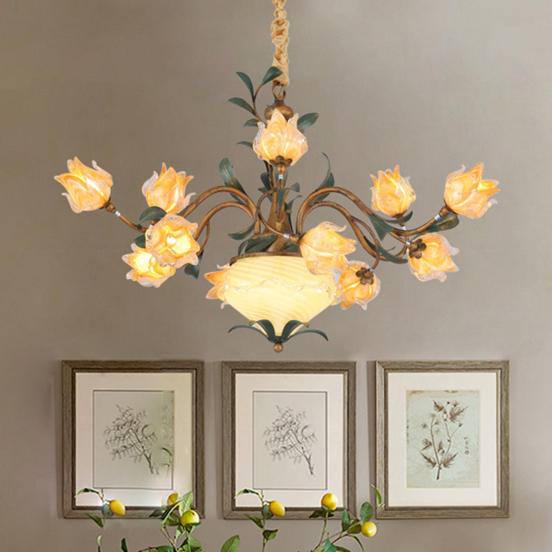 American Flower Chandelier Lighting Fixture 15 Heads Metal LED Pendant Ceiling Light in Brass Clearhalo 'Ceiling Lights' 'Chandeliers' Lighting' options 400868