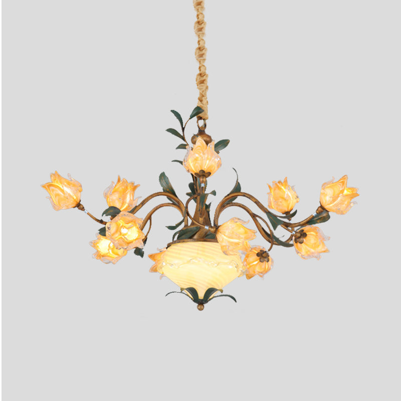 American Flower Chandelier Lighting Fixture 15 Heads Metal LED Pendant Ceiling Light in Brass Clearhalo 'Ceiling Lights' 'Chandeliers' Lighting' options 400870
