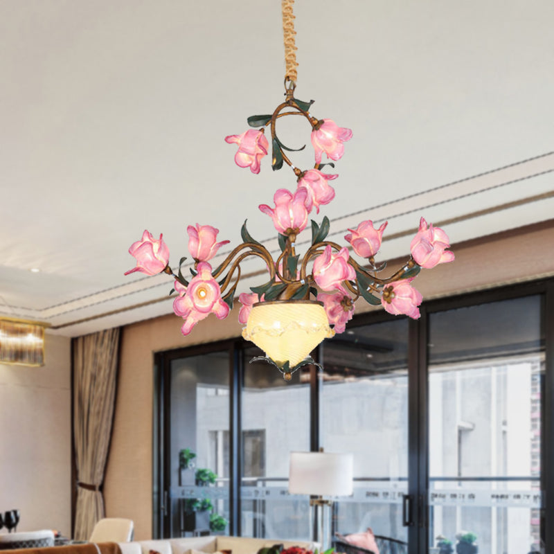 15 Lights Chandelier Pendant Light American Flower Metal LED Suspension Lamp in Brass for Bedroom Clearhalo 'Ceiling Lights' 'Chandeliers' Lighting' options 400877
