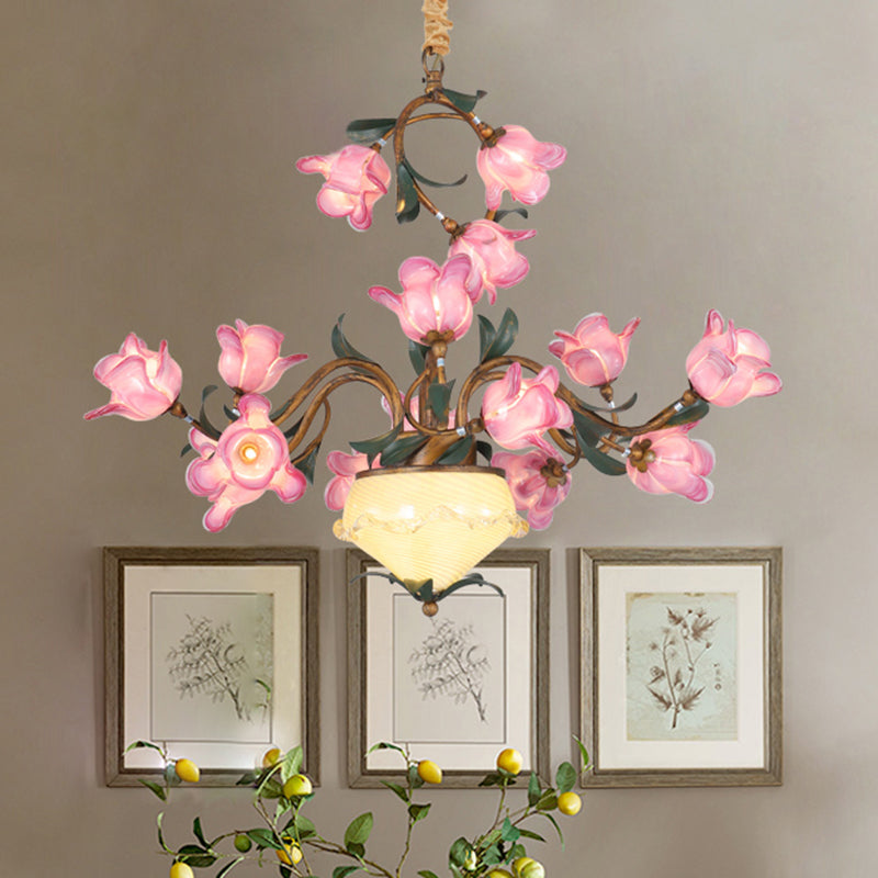 15 Lights Chandelier Pendant Light American Flower Metal LED Suspension Lamp in Brass for Bedroom Clearhalo 'Ceiling Lights' 'Chandeliers' Lighting' options 400878