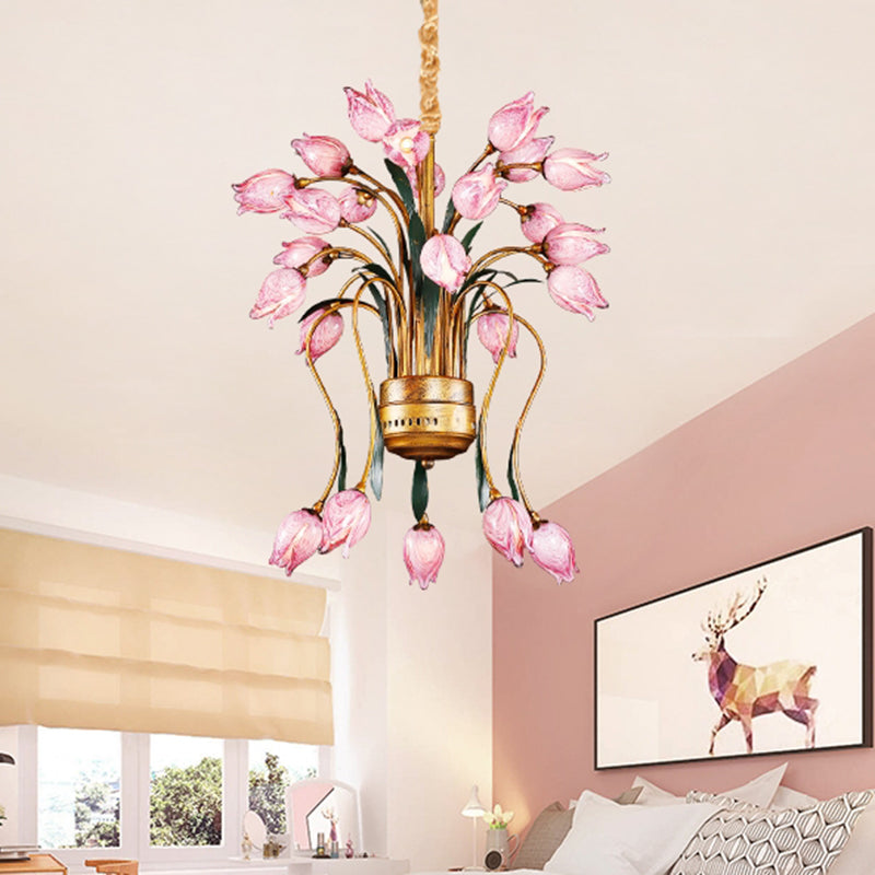 Metal Brass Hanging Chandelier Tulip 16/25 Lights Pastoral Style LED Down Lighting Pendant for Bedroom Clearhalo 'Ceiling Lights' 'Chandeliers' Lighting' options 400917