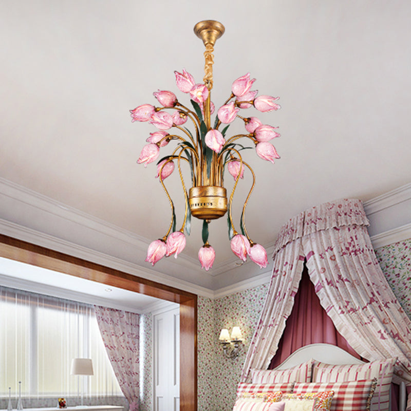 Metal Brass Hanging Chandelier Tulip 16/25 Lights Pastoral Style LED Down Lighting Pendant for Bedroom Clearhalo 'Ceiling Lights' 'Chandeliers' Lighting' options 400918