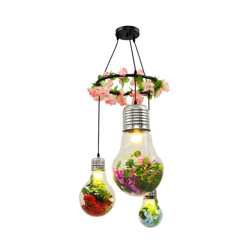 Clear Glass Bulb Cluster Pendant Industrial 3 Lights Restaurant LED Ceiling Lamp in Black with Flower Decoration Clearhalo 'Ceiling Lights' 'Glass shade' 'Glass' 'Industrial Pendants' 'Industrial' 'Middle Century Pendants' 'Pendant Lights' 'Pendants' 'Tiffany' Lighting' 400992