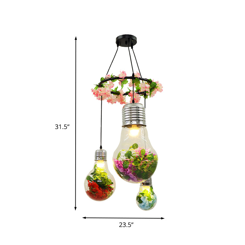 Clear Glass Bulb Cluster Pendant Industrial 3 Lights Restaurant LED Ceiling Lamp in Black with Flower Decoration Clearhalo 'Ceiling Lights' 'Glass shade' 'Glass' 'Industrial Pendants' 'Industrial' 'Middle Century Pendants' 'Pendant Lights' 'Pendants' 'Tiffany' Lighting' 400994