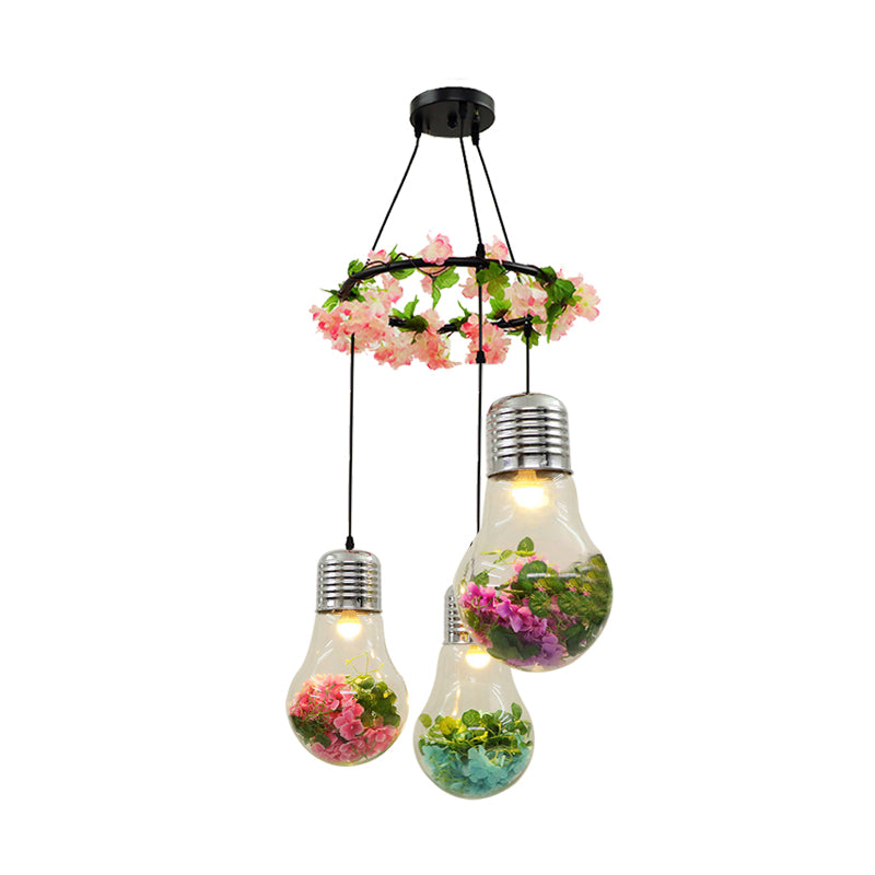 Clear Glass Bulb Cluster Pendant Industrial 3 Lights Restaurant LED Ceiling Lamp in Black with Flower Decoration Clearhalo 'Ceiling Lights' 'Glass shade' 'Glass' 'Industrial Pendants' 'Industrial' 'Middle Century Pendants' 'Pendant Lights' 'Pendants' 'Tiffany' Lighting' 401001