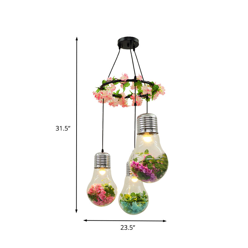 Clear Glass Bulb Cluster Pendant Industrial 3 Lights Restaurant LED Ceiling Lamp in Black with Flower Decoration Clearhalo 'Ceiling Lights' 'Glass shade' 'Glass' 'Industrial Pendants' 'Industrial' 'Middle Century Pendants' 'Pendant Lights' 'Pendants' 'Tiffany' Lighting' 401002