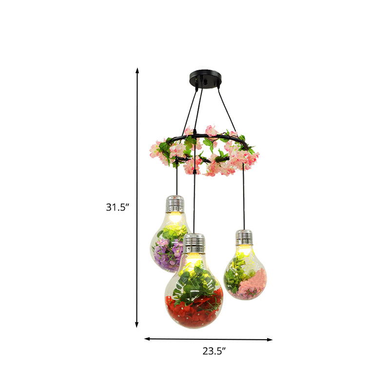 Clear Glass Bulb Cluster Pendant Industrial 3 Lights Restaurant LED Ceiling Lamp in Black with Flower Decoration Clearhalo 'Ceiling Lights' 'Glass shade' 'Glass' 'Industrial Pendants' 'Industrial' 'Middle Century Pendants' 'Pendant Lights' 'Pendants' 'Tiffany' Lighting' 401006