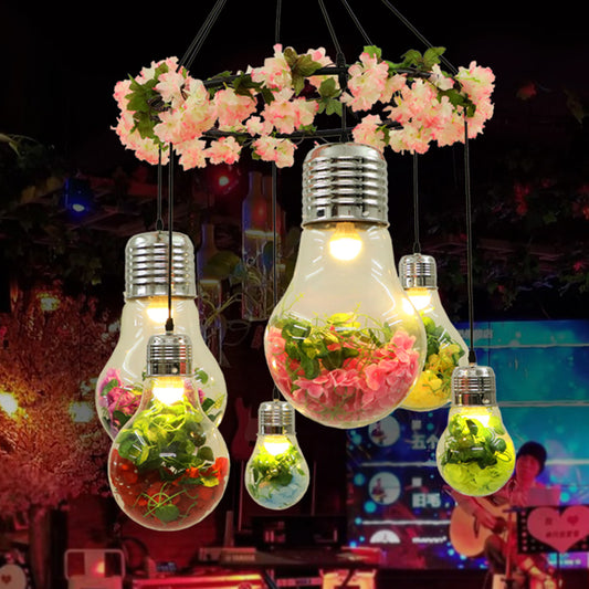 Black 6 Heads Cluster Pendant Industrial Clear Glass Bulb Shape LED Flower Suspension Light for Restaurant Clearhalo 'Ceiling Lights' 'Chandeliers' 'Glass shade' 'Glass' 'Industrial Pendants' 'Industrial' 'Middle Century Pendants' 'Pendant Lights' 'Pendants' 'Tiffany' Lighting' 401008