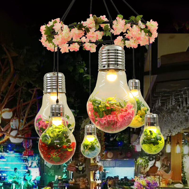 Black 6 Heads Cluster Pendant Industrial Clear Glass Bulb Shape LED Flower Suspension Light for Restaurant Clearhalo 'Ceiling Lights' 'Chandeliers' 'Glass shade' 'Glass' 'Industrial Pendants' 'Industrial' 'Middle Century Pendants' 'Pendant Lights' 'Pendants' 'Tiffany' Lighting' 401009