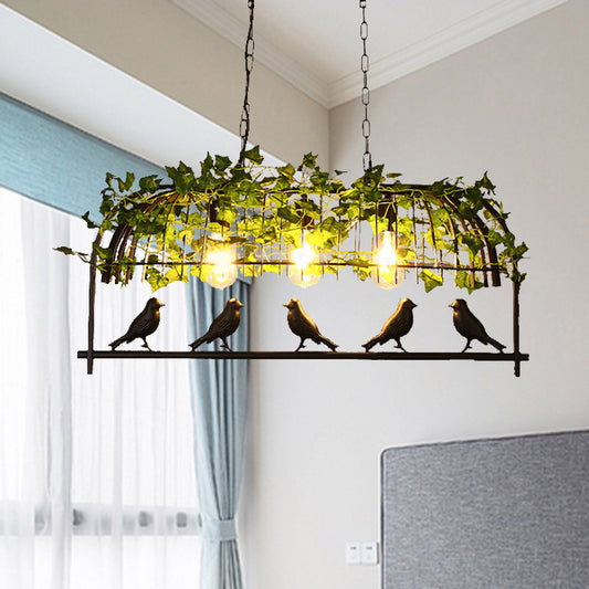 3 Lights Birdcage Island Ceiling Light Industrial Black Metal Hanging Lamp with Plant Decoration Clearhalo 'Ceiling Lights' 'Island Lights' Lighting' 401019
