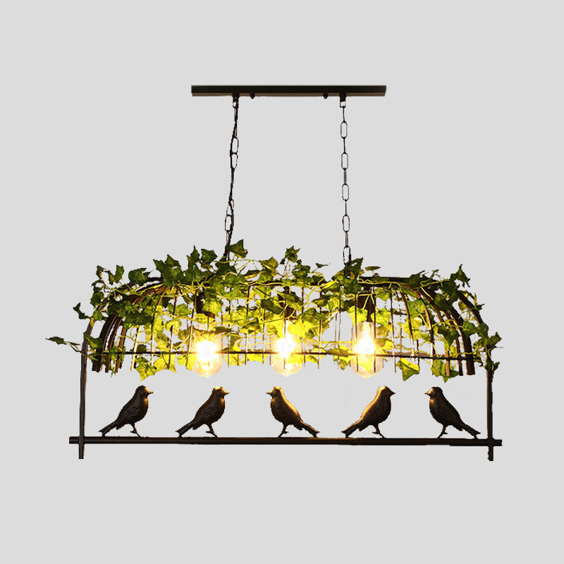 3 Lights Birdcage Island Ceiling Light Industrial Black Metal Hanging Lamp with Plant Decoration Clearhalo 'Ceiling Lights' 'Island Lights' Lighting' 401021