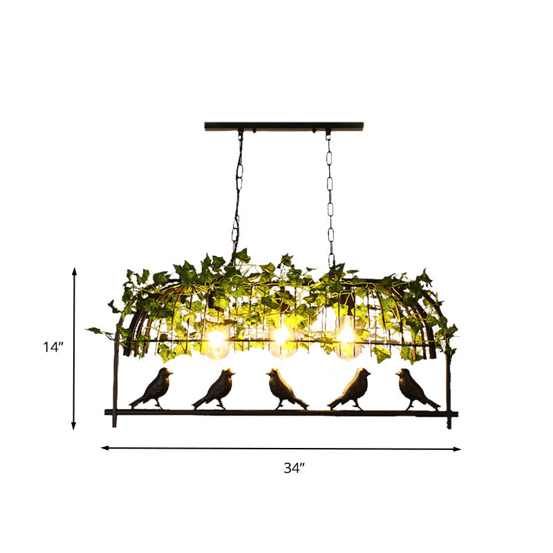 3 Lights Birdcage Island Ceiling Light Industrial Black Metal Hanging Lamp with Plant Decoration Clearhalo 'Ceiling Lights' 'Island Lights' Lighting' 401022